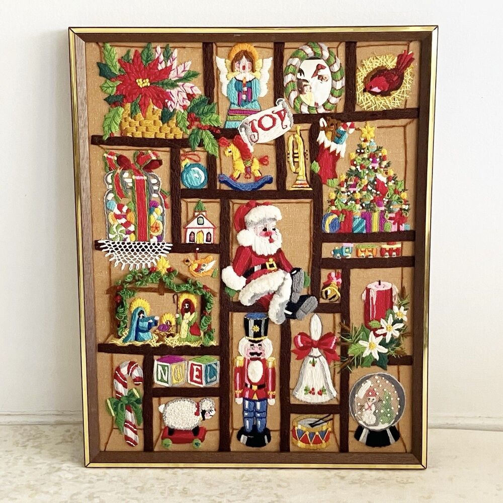 Vintage Christmas Memories Crewel Embroidery Finished Framed 1981 Sunset Designs